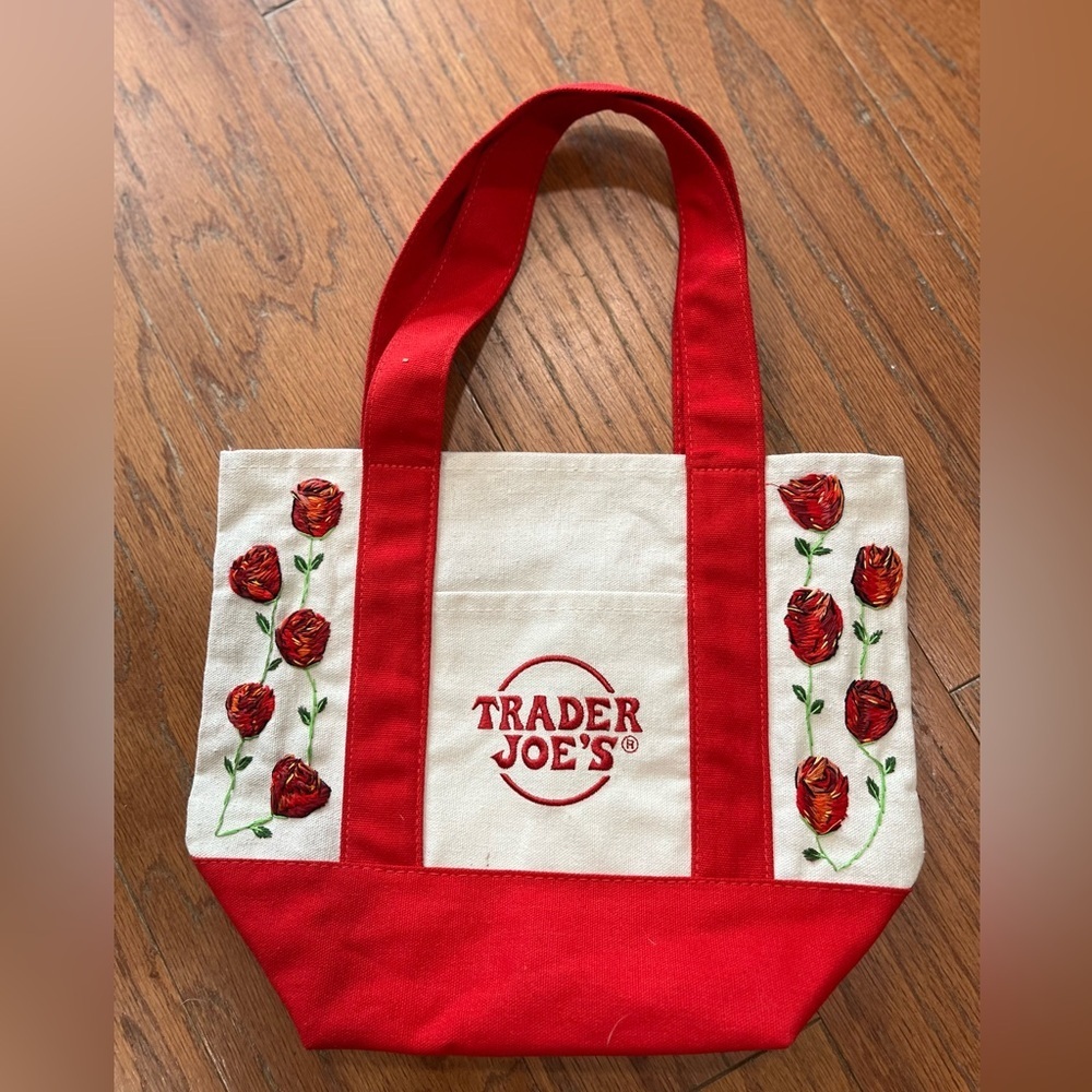 Trader Joe’s mini tote custom embroidered red and canvas one of a kind - Picture 3 of 3